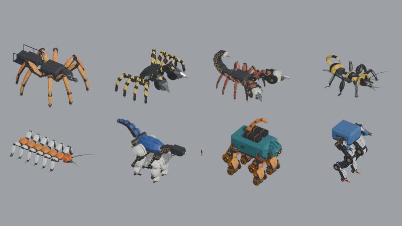 Eight painted mechs: a spider, a crab, a scorpion, an ant, a centipede, a hound, a hauler and a walker.