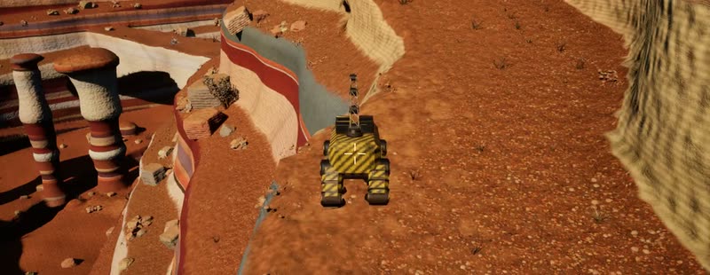 A boxy hazard-striped hauler mech on a rocky ledge road above the canyon, with striped hoodoos and cliffs below.