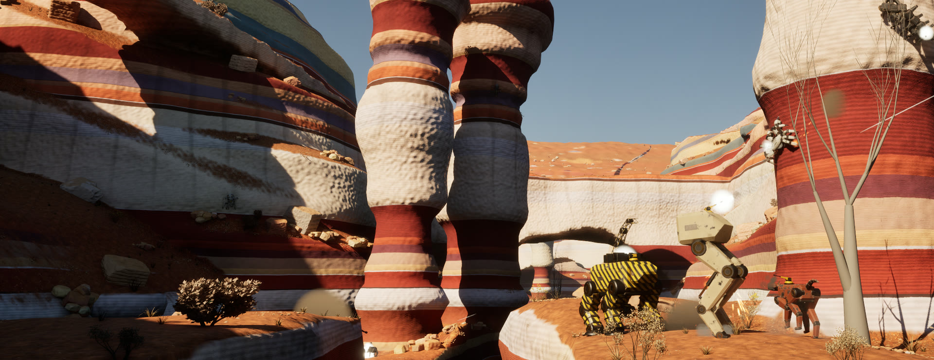 Mechs fighting among striped canyon hoodoos: a hazard-striped hauler, a two-legged walker firing and a red hound on the sand, climbers on a tall banded hoodoo, a natural arch beyond.