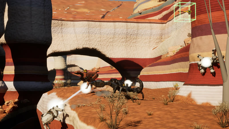 A white spider mech firing a glowing web strand at a black scorpion mech under a natural arch, while a crab mech fires from the side of a striped hoodoo.