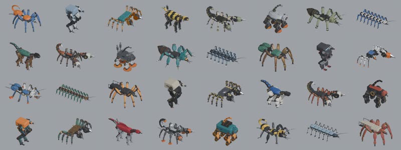 Thirty-two different mechs in a grid on a grey stage: spiders, crabs, scorpions, ants, centipedes, hounds, haulers and walkers, every one with its own parts and paint.